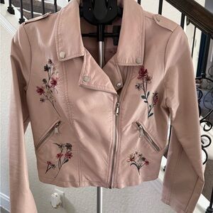 Floral Embroidered light pink faux leather Jacket